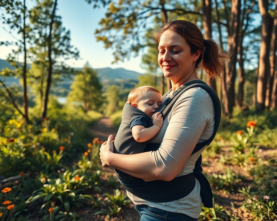 A serene scene depicting a peaceful moment during a family hike, showcasing a parent carrying a sleeping baby in a comfortable, ergonomic baby carrier. The foreground features the parent gently swaying while walking along a forest path, their expression relaxed and content. The middle ground portrays lush greenery, vibrant wildflowers, and soft sunlight filtering through the leaves, creating a warm, inviting atmosphere. In the background, distant hills and a clear blue sky enhance the sense of tranquility and nature. The lighting is soft and golden, reminiscent of a late afternoon. The overall mood is calm and nurturing, embodying the essence of a joyful family outing.