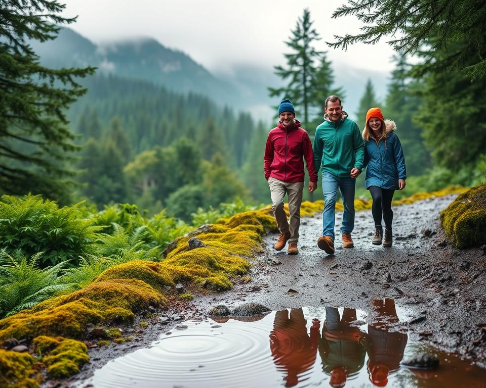 A serene scene in the South Black Forest during rainy weather, showcasing lush green forests and misty mountains in the background. In the foreground, a vibrant, muddy hiking trail winds through dense ferns and moss-covered rocks. Raindrops create ripples in a nearby puddle, reflecting the overcast sky. A family of four, dressed in casual waterproof jackets and comfortable hiking boots, walks hand-in-hand, smiling as they enjoy their outdoor adventure despite the weather. Soft, diffused lighting creates a cozy atmosphere, with hints of sunlight breaking through the clouds. Capture the tranquil yet invigorating essence of nature, emphasizing the beauty of the landscape and the joy of outdoor exploration in less-than-ideal conditions.