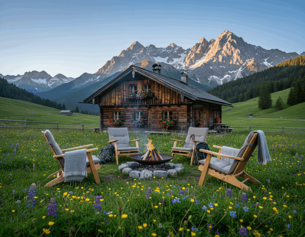 A serene scene of a cozy Alpine lodge in the Thierseetal region, surrounded by lush green meadows and towering mountains in the background. In the foreground, a welcoming fire pit with a few comfortable outdoor chairs invites fellow hikers to relax. Soft golden sunlight casts a warm glow, highlighting the rustic wooden architecture of the lodge and the vibrant colors of blooming wildflowers. The setting conveys a peaceful and inviting atmosphere, perfect for weary wanderers seeking rest after their adventures. Imbue the image with a sense of tranquility and natural beauty, with a clear blue sky above. Capture the scene from a slightly elevated angle to encompass both the lodge and its stunning surroundings, ensuring a depth of field that draws the viewer's eye into the composition. A serene scene of a cozy Alpine lodge in the Thierseetal region, surrounded by lush green meadows and towering mountains in the background. In the foreground, a welcoming fire pit with a few comfortable outdoor chairs invites fellow hikers to relax. Soft golden sunlight casts a warm glow, highlighting the rustic wooden architecture of the lodge and the vibrant colors of blooming wildflowers. The setting conveys a peaceful and inviting atmosphere, perfect for weary wanderers seeking rest after their adventures. Imbue the image with a sense of tranquility and natural beauty, with a clear blue sky above. Capture the scene from a slightly elevated angle to encompass both the lodge and its stunning surroundings, ensuring a depth of field that draws the viewer's eye into the composition.