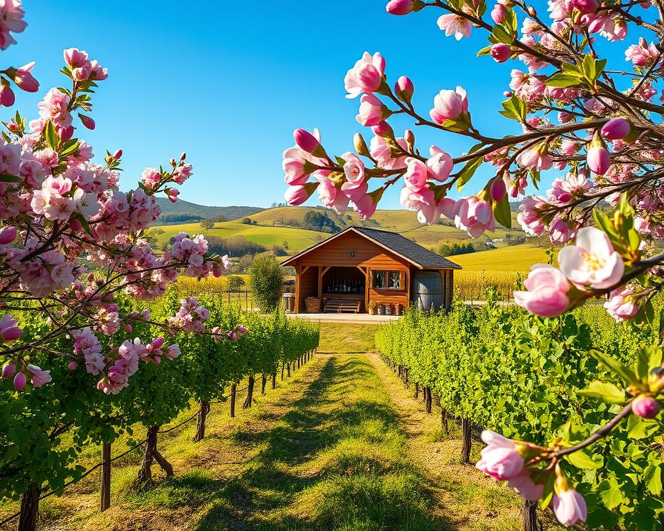 A serene spring landscape in the Pfalz region, showcasing vibrant almond blossoms in shades of soft pink against a clear blue sky. In the foreground, blooming almond trees are elegantly framed by lush green vineyards, their rows meticulously arranged. The middle ground features a charming rustic wine cellar, with wooden barrels and bottles of regional wine on display, reflecting the local viticulture. In the background, rolling hills dotted with more almond trees and patchwork fields of wildflowers create a picturesque backdrop. The golden sunlight illuminates the scene, casting gentle shadows and highlighting the petals, contributing to a tranquil and uplifting atmosphere. Capture this idyllic moment through a wide-angle lens, emphasizing the beauty of spring and the region's rich culinary culture. A serene spring landscape in the Pfalz region, showcasing vibrant almond blossoms in shades of soft pink against a clear blue sky. In the foreground, blooming almond trees are elegantly framed by lush green vineyards, their rows meticulously arranged. The middle ground features a charming rustic wine cellar, with wooden barrels and bottles of regional wine on display, reflecting the local viticulture. In the background, rolling hills dotted with more almond trees and patchwork fields of wildflowers create a picturesque backdrop. The golden sunlight illuminates the scene, casting gentle shadows and highlighting the petals, contributing to a tranquil and uplifting atmosphere. Capture this idyllic moment through a wide-angle lens, emphasizing the beauty of spring and the region's rich culinary culture.