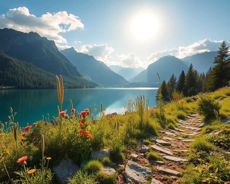 A serene view of Naturschutz Walchensee, showcasing the lush greenery and crystal-clear waters. In the foreground, a rocky trail winds through vibrant wildflowers and native plants, symbolizing the care for the environment. The middle ground features a tranquil lake reflecting the surrounding mountains, lined with coniferous trees, emphasizing nature's beauty. In the background, majestic peaks rise under a sunlit sky with soft, fluffy clouds, giving a sense of tranquility. The lighting is warm and inviting, capturing the golden hour glow. The overall atmosphere is peaceful and harmonious, promoting respect for nature and environmental conservation. No people or distractions should be present, ensuring a focus on the natural landscape.
