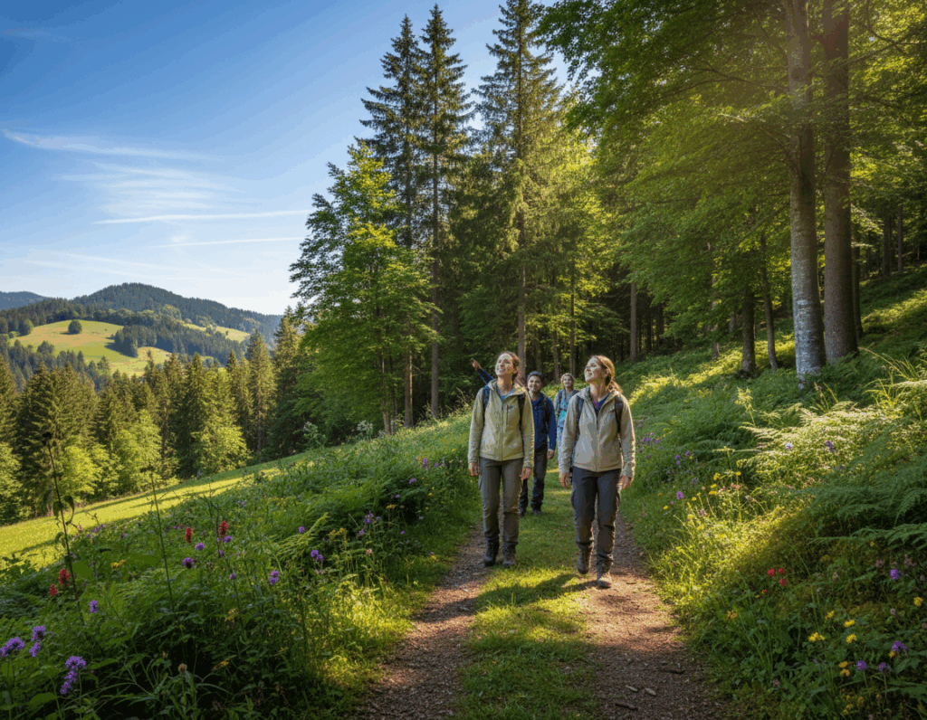 A serene view of the Walderlebnispfad Farchant hiking trail, showcasing a winding forest path surrounded by lush green trees and vibrant wildflowers in the foreground. The middle ground features hikers, dressed in modest outdoor attire, exploring the trail, with expressions of wonder and enjoyment. In the background, gently rolling hills rise under a clear blue sky, dotted with soft, white clouds. Sunlight filters through the leaves, creating dappled shadows on the ground, adding warmth and inviting ambiance to the scene. Use a wide-angle perspective to capture the expansiveness of the landscape, focusing on the harmonious balance between the natural elements, enhancing the tranquil and adventurous spirit of the forest experience. A serene view of the Walderlebnispfad Farchant hiking trail, showcasing a winding forest path surrounded by lush green trees and vibrant wildflowers in the foreground. The middle ground features hikers, dressed in modest outdoor attire, exploring the trail, with expressions of wonder and enjoyment. In the background, gently rolling hills rise under a clear blue sky, dotted with soft, white clouds. Sunlight filters through the leaves, creating dappled shadows on the ground, adding warmth and inviting ambiance to the scene. Use a wide-angle perspective to capture the expansiveness of the landscape, focusing on the harmonious balance between the natural elements, enhancing the tranquil and adventurous spirit of the forest experience.
