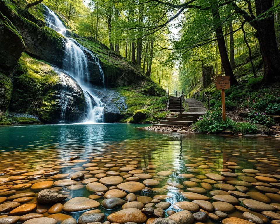 A serene waterfall in the Harz Mountains, cascading down moss-covered rocks surrounded by lush green foliage. In the foreground, a crystal-clear pool reflects the waterfall, with smooth pebbles lining the shore. The middle ground reveals a winding hiking path, dotted with wooden markers and vibrant wildflowers, inviting exploration. In the background, the towering trees create a natural frame, with soft sunlight filtering through the leaves, creating dappled shadows on the ground. The atmosphere is tranquil and enchanting, capturing the essence of a peaceful hike in nature. The scene is presented with a wide-angle perspective, highlighting the majestic flow of water, with an emphasis on bright, natural lighting to enhance the freshness of the landscape.
