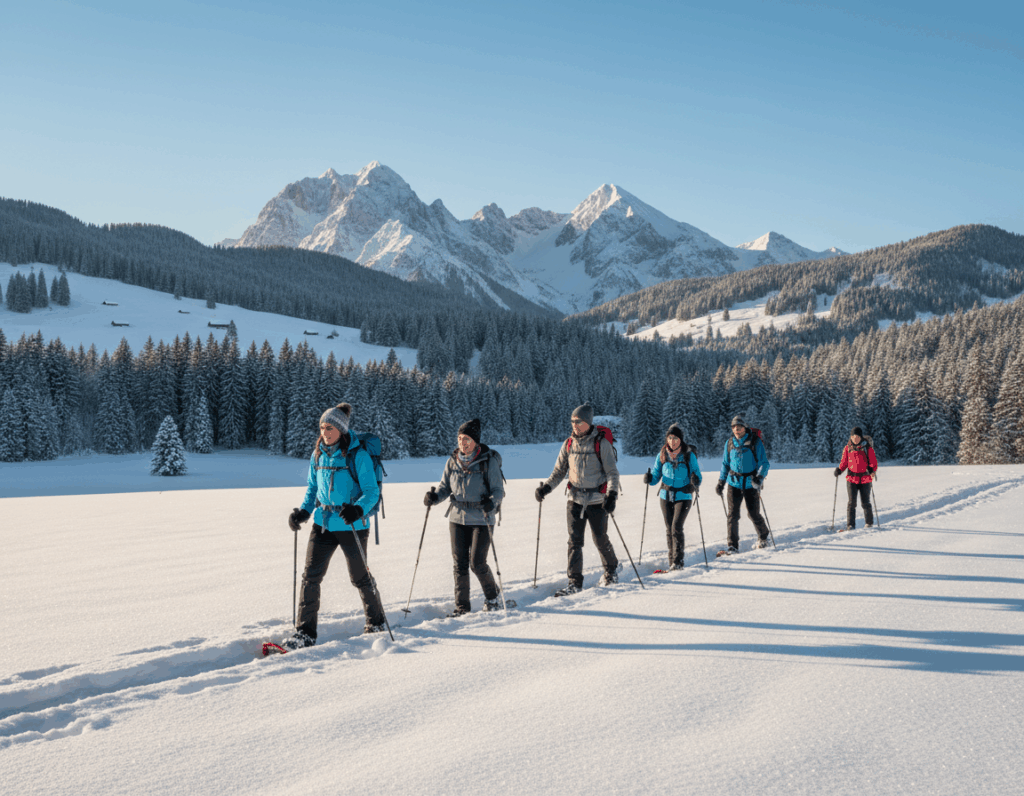 A serene winter landscape in Bavaria, showcasing a picturesque snowshoe hiking scene. In the foreground, a diverse group of hikers, dressed in warm winter attire, traverse a snow-covered trail, their snowshoes leaving crisp imprints in the fluffy snow. The middle ground features gentle snow-draped hills dotted with pine trees, creating a sense of depth and adventure. In the background, majestic mountains rise under a clear blue sky, basking in the soft glow of a winter sun. The lighting is bright yet soft, enhancing the pristine whiteness of the snow. The mood is peaceful and invigorating, inviting viewers to embrace the beauty of winter trekking amidst the Bavarian Alps.