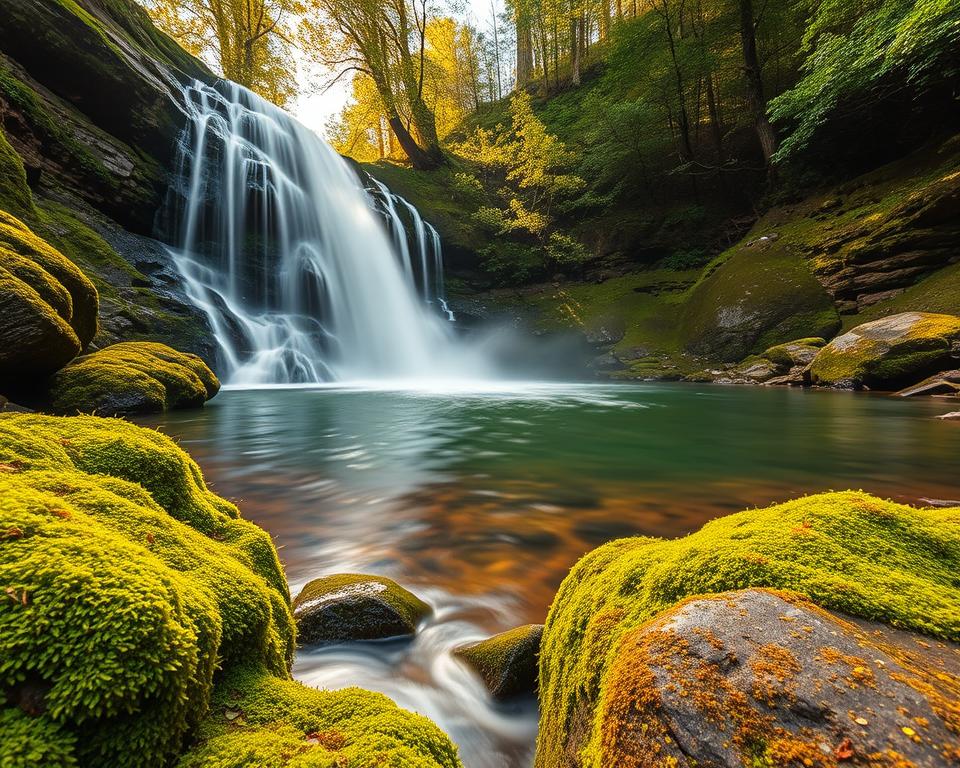 A stunning long-exposure image of the Kuhflucht waterfalls, capturing the cascading water in a silky smooth flow. In the foreground, vibrant green moss and rocks create a natural frame, while the middle ground features the dynamic waterfall splashing into a tranquil pool, reflecting the lush surroundings. The background showcases a dense forest bathed in soft, golden sunlight filtering through the leaves. Use a wide-angle lens perspective to emphasize the vastness of the scenery. The lighting should be warm and inviting, creating a serene and peaceful atmosphere. The composition conveys the calmness of nature, highlighting the beauty of the waterfalls. The image must be free of any text or watermarks.
