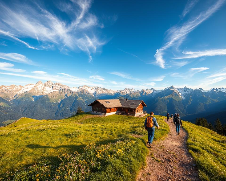 A stunning panoramic view of the Olpererhütte, a rustic mountain hut nestled in the majestic Tirol region, surrounded by towering snow-capped peaks and lush green alpine meadows. In the foreground, a winding hiking trail leads towards the hut, dotted with vibrant wildflowers. The middle-ground showcases hikers in modest casual clothing, carefully navigating the terrain, immersed in the beauty of nature. The background reveals dramatic mountain ranges under a clear blue sky with wisps of white clouds. The lighting is warm and inviting, suggesting a late afternoon sun casting long shadows and enhancing the colors of the landscape. Capture the adventure and serenity of this hiking experience, emphasizing the lush terrain and the stunning Olpererhütte as a focal point of exploration.