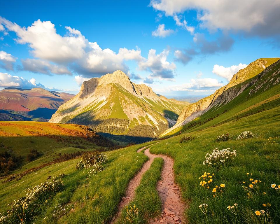 A stunning view of Benediktenwand during the peak hiking season, showcasing the vibrant colors of late spring or early autumn. In the foreground, a a well-trodden trail winds through lush green meadows dotted with wildflowers, leading the viewer's eye into the scene. Midground features towering rugged cliffs of the Benediktenwand mountain range under a bright blue sky with fluffy white clouds, casting soft shadows on the landscape. Background reveals rolling hills with patches of orange, red, and yellow foliage, indicating the changing seasons. The lighting is warm and golden, reminiscent of the golden hour, enhancing the inviting atmosphere. The scene is peaceful and serene, ideal for outdoor enthusiasts. Shot from a slightly elevated angle to capture the expansive view, creating an immersive hiking experience.