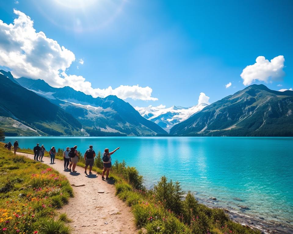 A stunning view of Schlegeisspeicher in Germany, surrounded by majestic mountains under a bright blue sky with fluffy white clouds. In the foreground, clear turquoise water reflects the towering peaks, while gentle waves lap at the shore. In the middle ground, a well-maintained path leads tourists towards the lake, with colorful wildflowers blooming along the trail. On one side, a group of hikers in modest, casual hiking attire enjoy the scenery, pointing towards the distant Olpererhütte. The background features rugged mountain ridges, partially covered in patches of snow, conveying a serene yet adventurous atmosphere. Soft sunlight filters through, creating a warm and inviting mood, with a slight lens flare to enhance the picturesque scene. The image captures the essence of travel and exploration in a breathtaking natural setting.