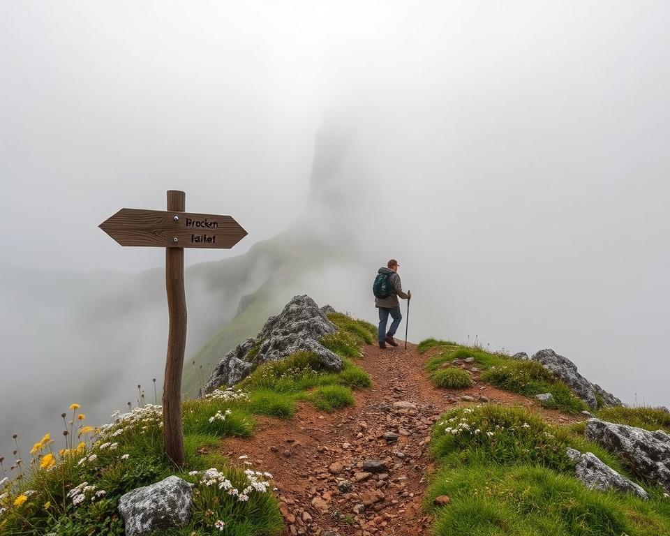 A stunning view of the Brocken mountain in the Harz region, showcasing rocky peaks and a misty atmosphere typical of a foggy day. In the foreground, a rugged trail lined with wildflowers leads to a wooden sign indicating hiking routes. The middle ground features a solitary hiker dressed in modest outdoor attire, carefully navigating the path with a walking stick, emphasizing the importance of safety in the wilderness. The background presents the towering Brocken peak, partially obscured by dense fog, creating a mysterious yet adventurous vibe. Soft, diffused lighting casts a serene glow, accentuating the lush greenery and textures of the landscape. This scene captures the essence of mountain hiking safety and respect for nature.