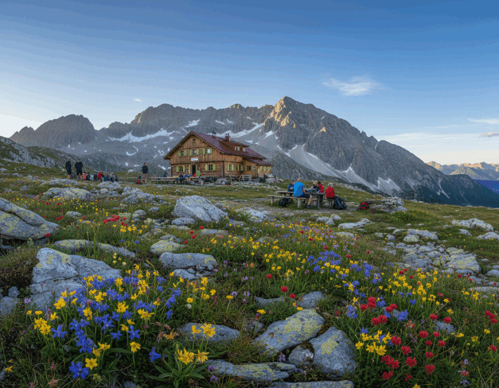 A stunning view of the Knorrhütte nestled in the alpine landscape, portraying the grandeur of the Zugspitze in the background. The foreground features wildflowers in vibrant colors, creating a lively contrast against rocky terrain. In the middle ground, the traditional wooden structure of the Knorrhütte stands warmly under soft sunlight, with hikers in modest casual clothing enjoying the scenery. The background showcases towering mountains framed by a clear blue sky, with wispy clouds adding depth. The lighting is warm and inviting, enhancing the serene atmosphere of this picturesque hiking destination. The angle captures a broad panoramic view, inviting the viewer into this breathtaking outdoor adventure.