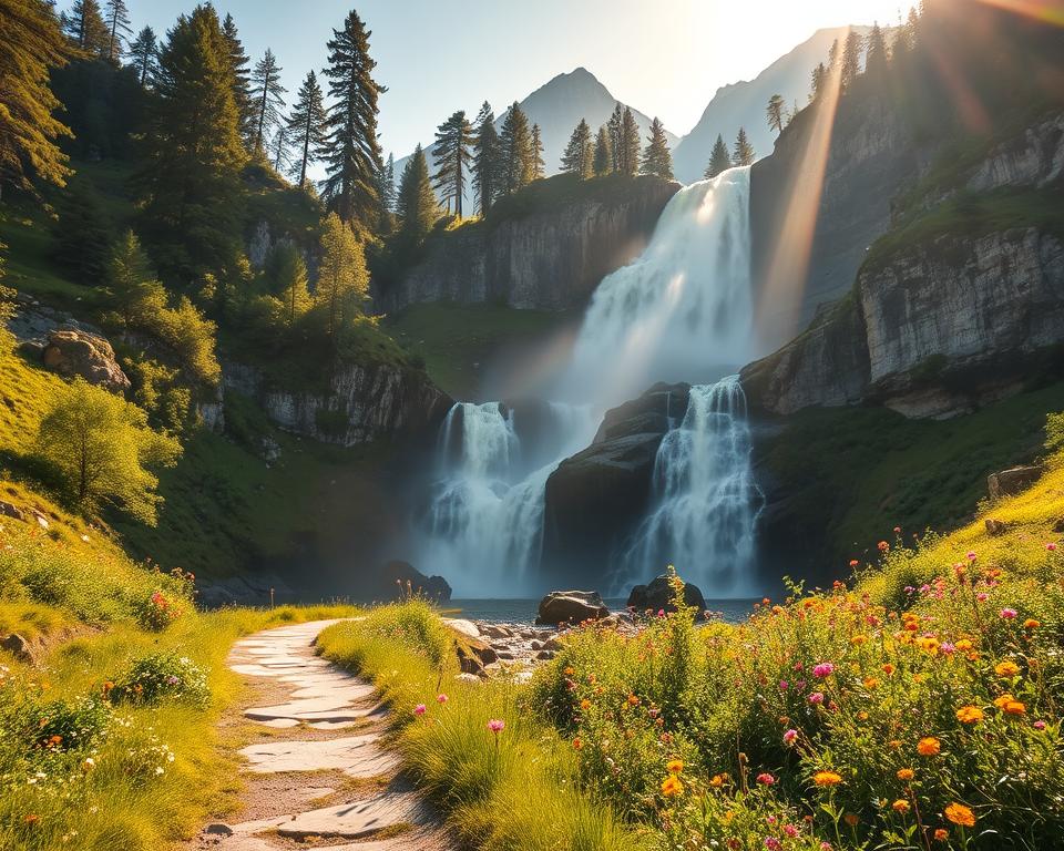 A stunning view of the Kuhfluchtwasserfälle in Bavaria, capturing the majestic waterfalls cascading down rocky cliffs surrounded by lush greenery. In the foreground, highlight a winding path leading to the waterfalls, lined with vibrant wildflowers. In the middle ground, show the waterfalls in full flow, sparkling under the warm sunlight, creating rainbows from the mist. The background features towering pine trees and steep alpine peaks, bathed in soft golden light of early morning. Use a wide-angle lens to capture the grandeur of the scene, emphasizing the height and power of the falls. The mood is serene and inviting, inspiring a sense of adventure in nature. The image should be vibrant and clear, featuring no text or overlays.