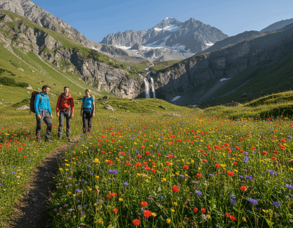 A stunning view of the Reintal Route leading to Zugspitze, Germany's highest peak. In the foreground, vibrant green alpine meadows dotted with colorful wildflowers, and a well-trodden hiking path winding through the landscape. To the left, a few hikers in modest casual clothing, engaged in conversation, showcasing a spirit of adventure. The middle ground captures the majestic rocky cliffs rising steeply, with a cascade of sparkling waterfalls tumbling down them. In the background, Zugspitze looms majestically under a clear blue sky, its rugged summit shimmering with patches of snow. The scene is bathed in warm sunlight, casting soft shadows and creating a serene, inviting atmosphere, encouraging exploration and appreciation of nature's beauty. The image captures the essence of adventure and tranquility in this breathtaking mountain landscape.