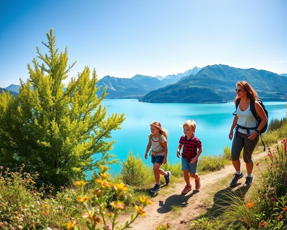 A sunny family hike at Walchensee, showcasing a picturesque scene. In the foreground, a cheerful family of four, dressed in comfortable outdoor attire, enjoy a leisurely walk along a well-marked trail. The parents are pointing out scenic views, while two young children curiously explore the surroundings. In the middle ground, lush green trees frame the trail, and colorful wildflowers add vibrant touches to the landscape. The background features the stunning turquoise waters of Walchensee, reflecting the clear blue sky, with majestic alpine mountains rising in the distance. The atmosphere is warm and inviting, evoking a sense of adventure and togetherness. Soft, natural lighting enhances the beauty of the scene, capturing the essence of a delightful family outing in nature, taken with a wide-angle lens at eye level.