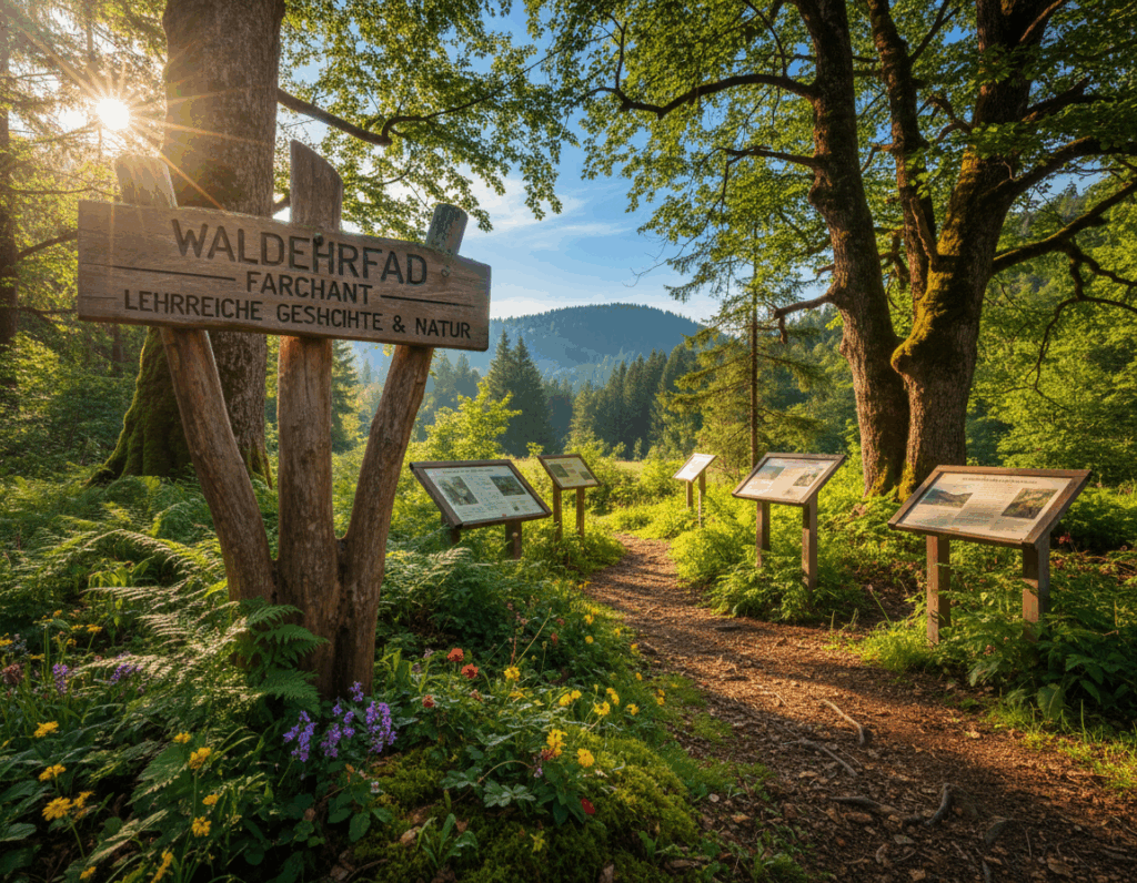 A tranquil forest scene depicting the Waldlehrpfad in Farchant, showcasing historical elements integrated into the natural landscape. In the foreground, a well-maintained wooden signpost marks the path, surrounded by lush greenery and vibrant wildflowers. The middle ground features a winding trail lined with informational markers about the area’s history, with tall, majestic trees providing dappled sunlight filtering through the leaves. In the background, gentle hills rise under a clear blue sky, hinting at the rich history of the region. The atmosphere is peaceful and inviting, encouraging exploration and connection with nature. Soft, warm lighting emphasizes the hues of green and the wooden textures, evoking a sense of nostalgia and reverence for the natural world. A tranquil forest scene depicting the Waldlehrpfad in Farchant, showcasing historical elements integrated into the natural landscape. In the foreground, a well-maintained wooden signpost marks the path, surrounded by lush greenery and vibrant wildflowers. The middle ground features a winding trail lined with informational markers about the area’s history, with tall, majestic trees providing dappled sunlight filtering through the leaves. In the background, gentle hills rise under a clear blue sky, hinting at the rich history of the region. The atmosphere is peaceful and inviting, encouraging exploration and connection with nature. Soft, warm lighting emphasizes the hues of green and the wooden textures, evoking a sense of nostalgia and reverence for the natural world.