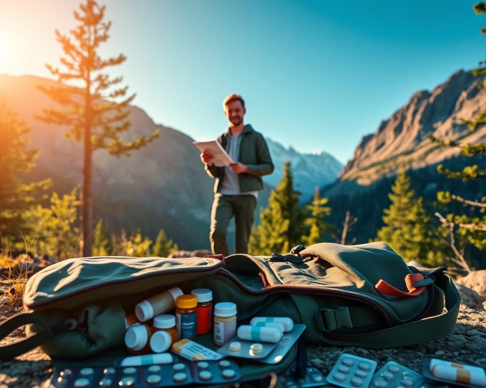 A tranquil hiking scene set in a picturesque mountainous landscape during golden hour, with soft sunlight filtering through the trees. In the foreground, a well-organized hiking backpack lies open, revealing various medications placed neatly beside it, such as pill bottles and blister packs, symbolizing careful preparation. In the middle ground, a hiker dressed in modest, casual outdoor clothing pauses to check a map, glancing at the medication with a thoughtful expression, conveying the importance of health while trekking. In the background, majestic peaks rise against a clear blue sky, framed by lush greenery, evoking a sense of adventure and well-being. The overall mood is serene and purposeful, encouraging responsible hiking practices.