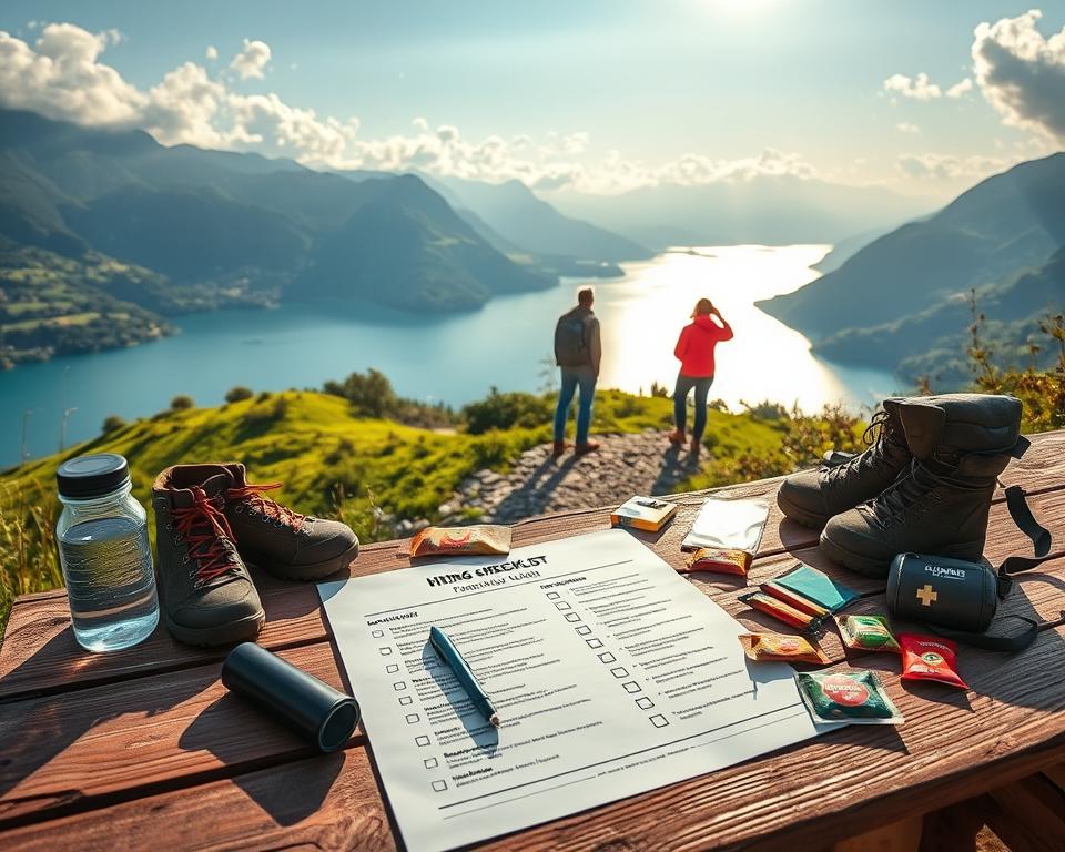 A vibrant and detailed hiking checklist scene set against the stunning backdrop of Lake Como, Italy. In the foreground, a neatly arranged pack list sprawls on a rustic wooden table, featuring items like hiking boots, a water bottle, a map, energy bars, and a small first-aid kit. The middle ground showcases lush, green hills leading down to the sparkling lake, with a few hikers dressed in casual outdoor gear (jeans, jackets) admiring the view. The background features majestic mountains enveloped in soft clouds under a bright, sunny sky. The scene is well-lit with warm, natural lighting, capturing the excitement and serenity of a hiking adventure. The composition conveys an inspiring and motivating atmosphere, perfect for preparing for an invigorating hiking day.