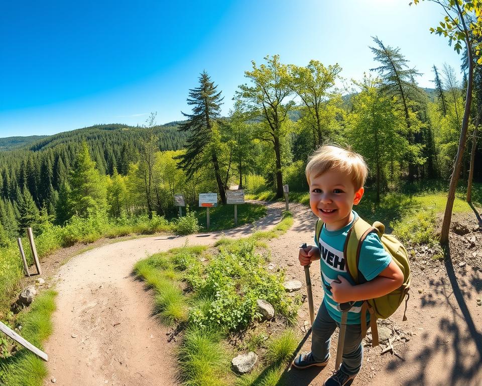 A vibrant and engaging scene of the "Walderlebnispfad Südschwarzwald," showcasing a family-friendly hiking trail designed for children. In the foreground, a cheerful child is exploring the path, dressed in casual clothing, with a backpack, looking curiously at nature. In the middle ground, a winding trail lined with colorful markers and educational signs about local flora and fauna weaves through lush green trees, encouraging exploration. The background features a picturesque view of the Black Forest's dense woods, with sunlight filtering through the leaves, casting dappled shadows on the ground. The atmosphere is bright and inviting, with a clear blue sky, evoking a sense of adventure and discovery in a serene natural setting, captured with a wide-angle lens for depth.