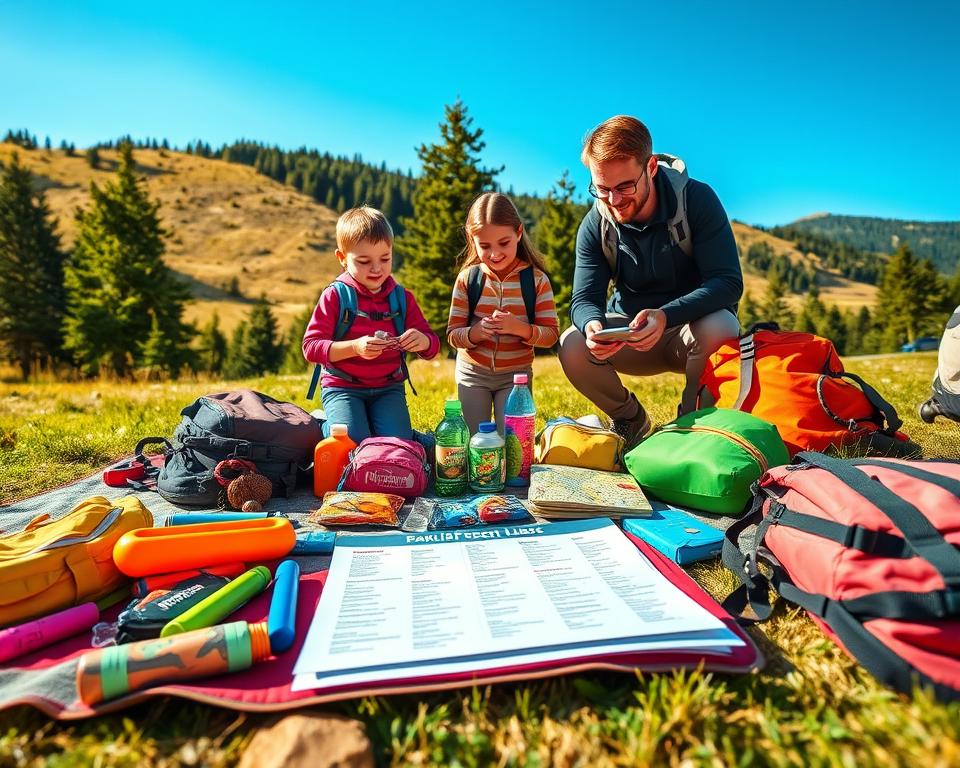 A vibrant outdoor scene depicting a family preparation for a hiking trip in the Southern Black Forest. In the foreground, a neatly organized pack list is spread out on a picnic blanket, showcasing colorful gear such as backpacks, water bottles, snacks, and a map. The middle ground features two children, dressed in modest casual clothing, eagerly choosing items from the list while their parents, also in casual hiking attire, assist them with smiles. The background showcases lush, green trees and a gentle hill under a clear blue sky, suggesting a beautiful day. The lighting is bright and warm, casting soft shadows, creating a cheerful and inviting atmosphere, perfect for a family adventure in nature.