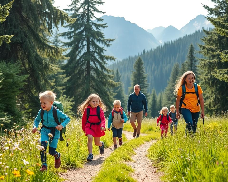 A vibrant scene depicting a family hiking in the Hochschwarzwald, showcasing children aged 6 to 12, dressed in colorful, casual outdoor clothing. In the foreground, the children enthusiastically explore a lush green trail lined with wildflowers and a dirt path. The middle ground features the parents, equipped with backpacks, guiding the kids along the trail, with smiles reflecting a sense of adventure. Towering evergreen trees create a natural canopy overhead, while sunlight streams through the leaves, casting dappled shadows on the ground. In the background, majestic mountains loom, partially obscured by mist, adding to the tranquil and whimsical atmosphere of the South Black Forest. The mood is joyful and adventurous, emphasizing family bonding in nature.
