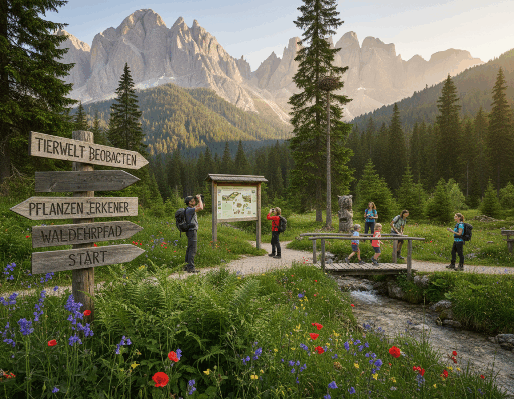 A vibrant scene of the Walderlebnispfad in the Wettersteingebirge mountain range, showcasing educational nature stations along the path. In the foreground, a wooden signpost with arrows pointing to various attractions, surrounded by lush green foliage and colorful wildflowers. In the middle ground, a diverse group of people (men and women in modest casual clothing) engaged in nature activities, such as observing wildlife and reading informational panels. The background features majestic mountain peaks, illuminated by soft, golden sunlight filtering through the trees, casting gentle shadows. The atmosphere is serene and inviting, highlighting the beauty of outdoor learning in a picturesque natural setting, captured from a slightly elevated angle to emphasize depth. A vibrant scene of the Walderlebnispfad in the Wettersteingebirge mountain range, showcasing educational nature stations along the path. In the foreground, a wooden signpost with arrows pointing to various attractions, surrounded by lush green foliage and colorful wildflowers. In the middle ground, a diverse group of people (men and women in modest casual clothing) engaged in nature activities, such as observing wildlife and reading informational panels. The background features majestic mountain peaks, illuminated by soft, golden sunlight filtering through the trees, casting gentle shadows. The atmosphere is serene and inviting, highlighting the beauty of outdoor learning in a picturesque natural setting, captured from a slightly elevated angle to emphasize depth.