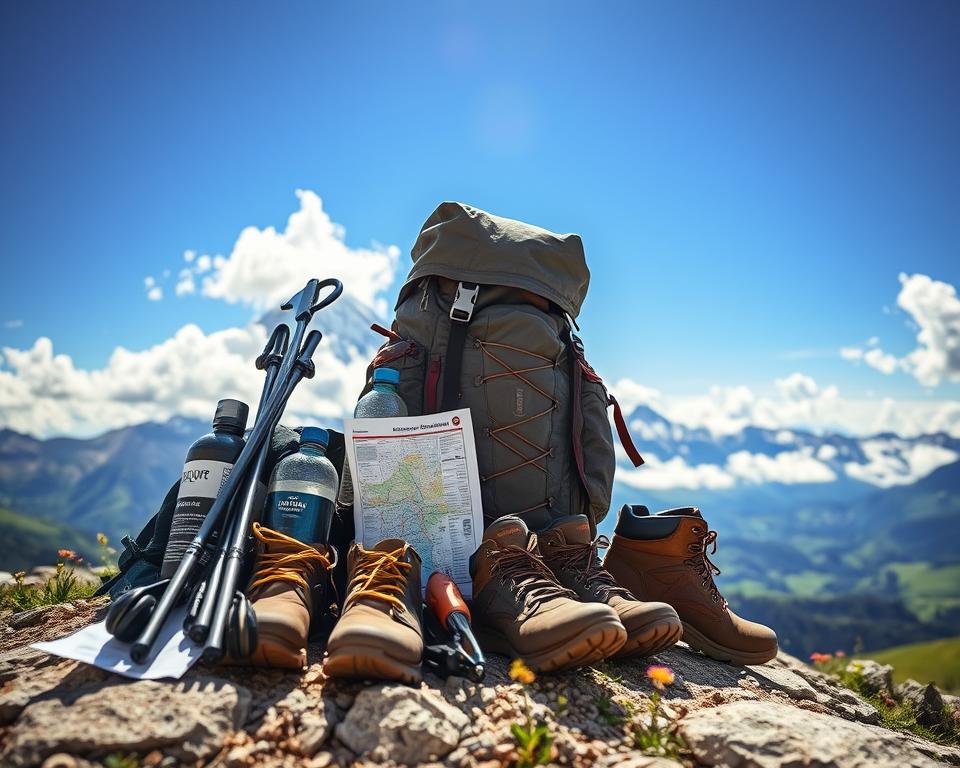 A well-organized hiking gear set up for the Zugspitze adventure, featured prominently in the foreground. Display an assortment of essential hiking equipment: a sturdy backpack with water bottles, trekking poles, a map, and hiking boots, all arranged neatly on a rocky surface. In the middle ground, a stunning view of the Zugspitze mountain, its snow-capped peak glistening against a bright blue sky. Fluffy clouds drift lazily around the summit, enhancing the sense of height. The background captures the lush green valleys of the Bavarian Alps, dotted with wildflowers. Use soft, natural lighting to create a warm, inviting atmosphere, encouraging the viewer to feel excited about their hiking adventure. The camera angle is slightly elevated, allowing for a dynamic perspective of the gear and the magnificent scenery. A well-organized hiking gear set up for the Zugspitze adventure, featured prominently in the foreground. Display an assortment of essential hiking equipment: a sturdy backpack with water bottles, trekking poles, a map, and hiking boots, all arranged neatly on a rocky surface. In the middle ground, a stunning view of the Zugspitze mountain, its snow-capped peak glistening against a bright blue sky. Fluffy clouds drift lazily around the summit, enhancing the sense of height. The background captures the lush green valleys of the Bavarian Alps, dotted with wildflowers. Use soft, natural lighting to create a warm, inviting atmosphere, encouraging the viewer to feel excited about their hiking adventure. The camera angle is slightly elevated, allowing for a dynamic perspective of the gear and the magnificent scenery.