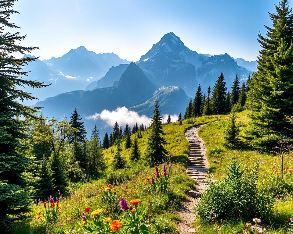 Lush Alpine scenery depicting a pristine nature reserve in the Alps, showcasing vibrant wildflowers and dense evergreen trees in the foreground. In the middle ground, a winding trail leads up to the majestic Zugspitze, partially shrouded in mist, encouraging exploration and respect for nature. In the background, towering snow-capped peaks rise against a clear blue sky, with soft sunlight casting gentle shadows across the landscape. The atmosphere is tranquil and inviting, highlighting the untouched beauty of the alpine ecosystem. The scene captures a harmonious blend of majestic nature and serene isolation, providing an ideal visual representation of conservation and responsible behavior in the alpine environment. Lush Alpine scenery depicting a pristine nature reserve in the Alps, showcasing vibrant wildflowers and dense evergreen trees in the foreground. In the middle ground, a winding trail leads up to the majestic Zugspitze, partially shrouded in mist, encouraging exploration and respect for nature. In the background, towering snow-capped peaks rise against a clear blue sky, with soft sunlight casting gentle shadows across the landscape. The atmosphere is tranquil and inviting, highlighting the untouched beauty of the alpine ecosystem. The scene captures a harmonious blend of majestic nature and serene isolation, providing an ideal visual representation of conservation and responsible behavior in the alpine environment.